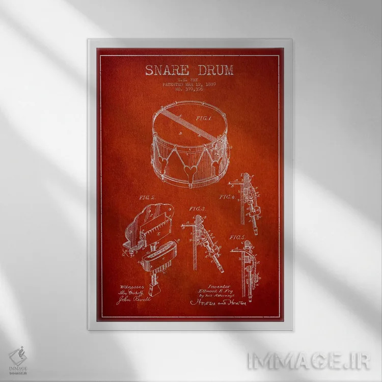 تابلو نقشهٔ اختراعی طبل کوچک (قرمز) اثر پیکسل کهنه (استودیو/نام هنری) - نمای قابدار سفید