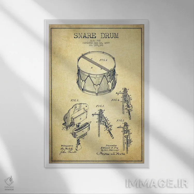 تابلو نقشهٔ اختراعی طبل کوچک (مدل کلاسیک) اثر پیکسل کهنه (استودیو/نام هنری) - نمای قابدار سفید