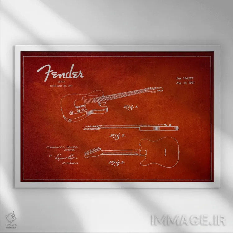 تابلو نقشهٔ پتنت گیتار فندر (قرمز) اثر پیکسل کهنه (استودیو/نام هنری) - نمای قابدار سفید