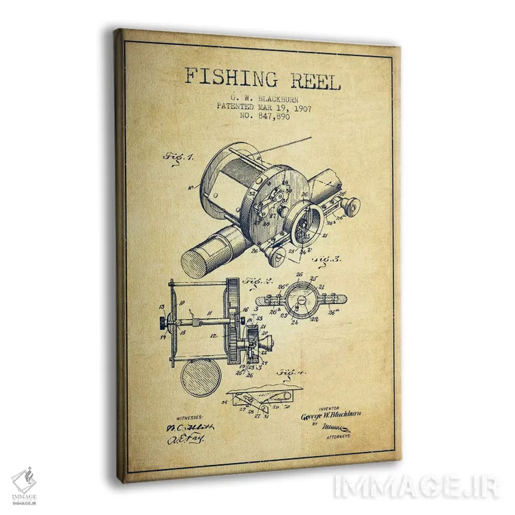 تابلو نقشهٔ حقامتیاز قرقره ماهیگیری کلاسیک اثر پیکسل کهنه (استودیو/نام هنری) - نمای پرسپکتیو محصول