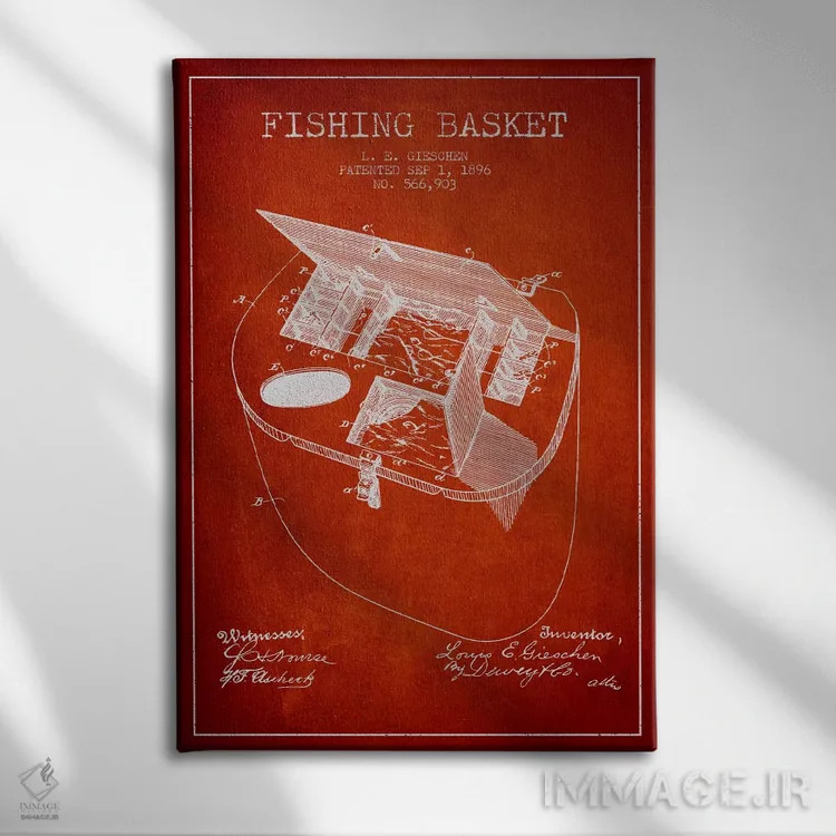 تابلو نقشهٔ حقامتیاز سبد ماهیگیری قرمز اثر پیکسل کهنه (استودیو/نام هنری) - نمای روبهرو روی دیوار