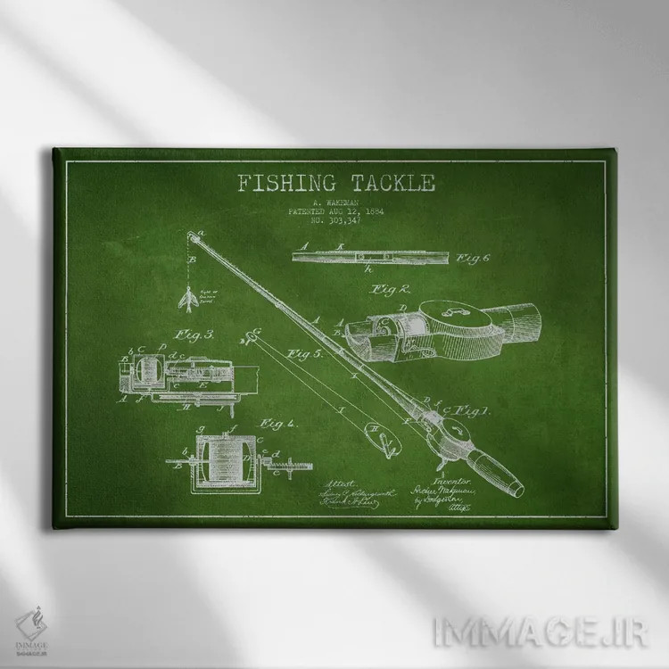 تابلو نقشهٔ حقامتیاز لوازم ماهیگیری سبز اثر پیکسل کهنه (استودیو/نام هنری) - نمای روبهرو روی دیوار