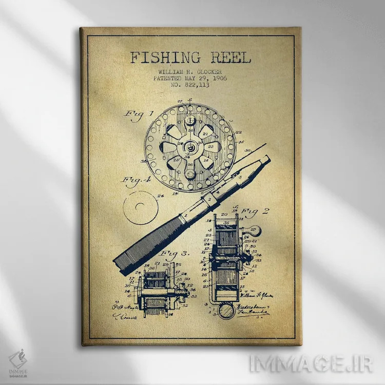 تابلو نقشهٔ حقامتیاز قرقره ماهیگیری کلاسیک اثر پیکسل کهنه (استودیو/نام هنری) - نمای روبهرو روی دیوار
