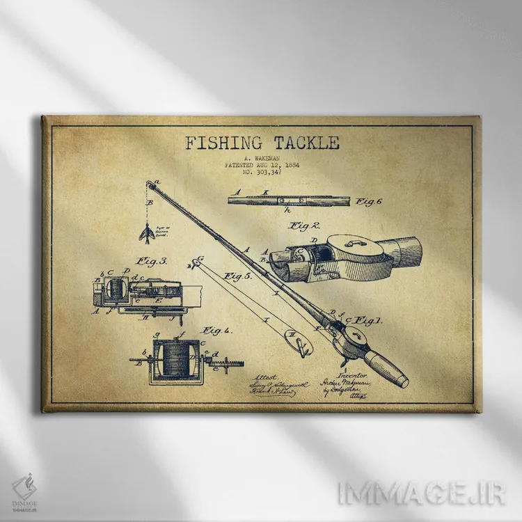 تابلو نقشهٔ حقامتیاز لوازم ماهیگیری کلاسیک اثر پیکسل کهنه (استودیو/نام هنری) - نمای روبهرو روی دیوار