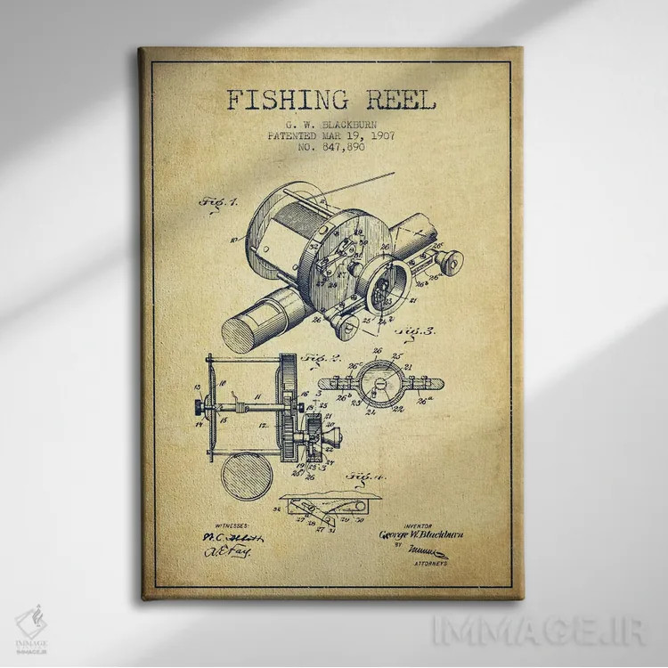 تابلو نقشهٔ حقامتیاز قرقره ماهیگیری کلاسیک اثر پیکسل کهنه (استودیو/نام هنری) - نمای روبهرو روی دیوار