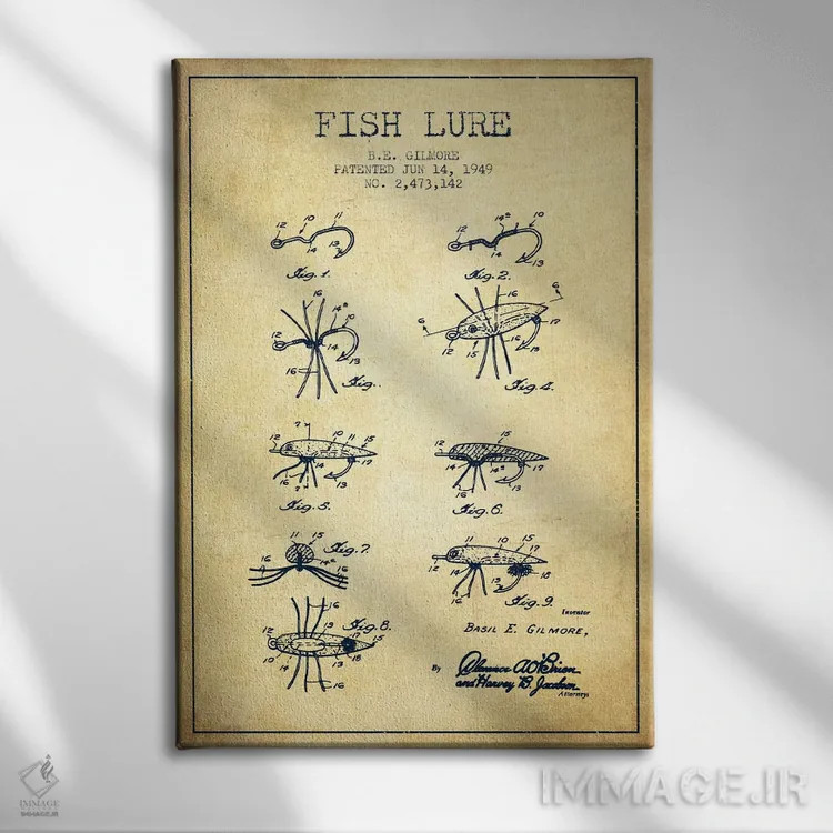 تابلو نقشهٔ حقامتیاز طعمهٔ ماهیگیری کلاسیک اثر پیکسل کهنه (استودیو/نام هنری) - نمای روبهرو روی دیوار