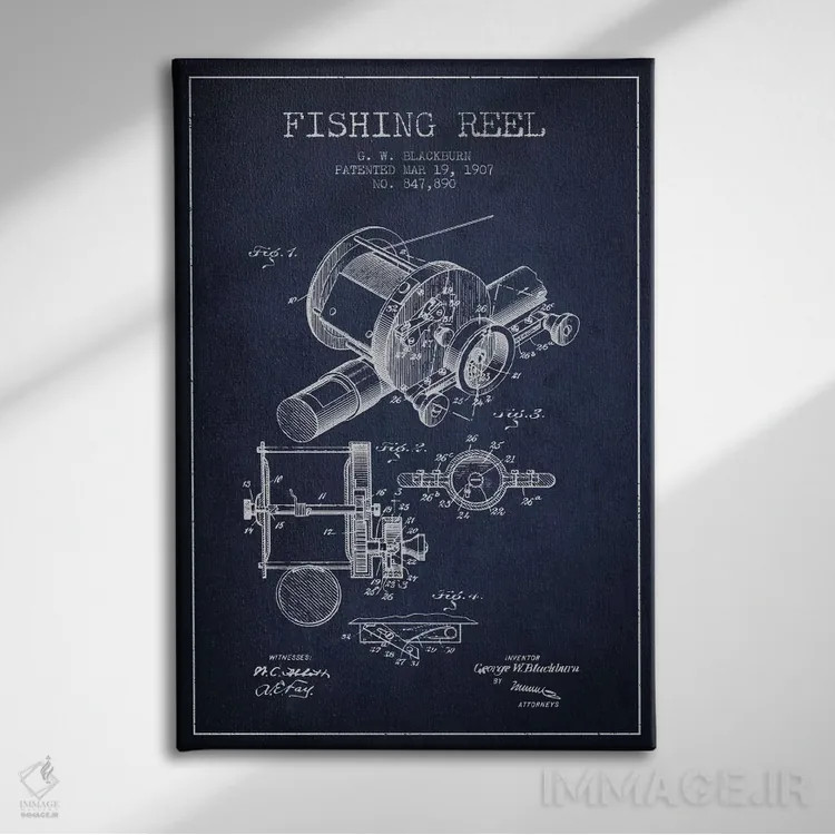 تابلو نقشهٔ حقامتیاز قرقره ماهیگیری سرمهای اثر پیکسل کهنه (استودیو/نام هنری) - نمای روبهرو روی دیوار