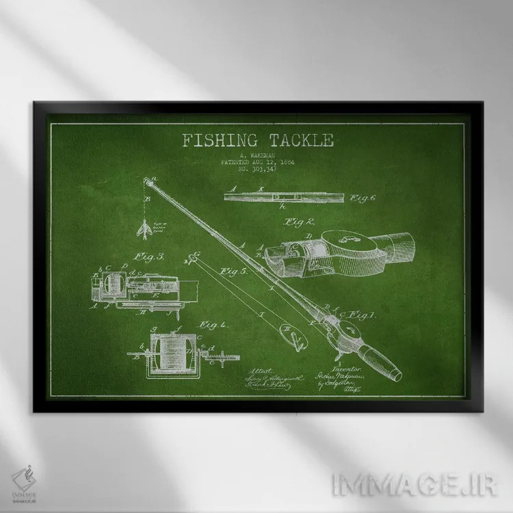 تابلو نقشهٔ حقامتیاز لوازم ماهیگیری سبز اثر پیکسل کهنه (استودیو/نام هنری) - نمای قابدار مشکی