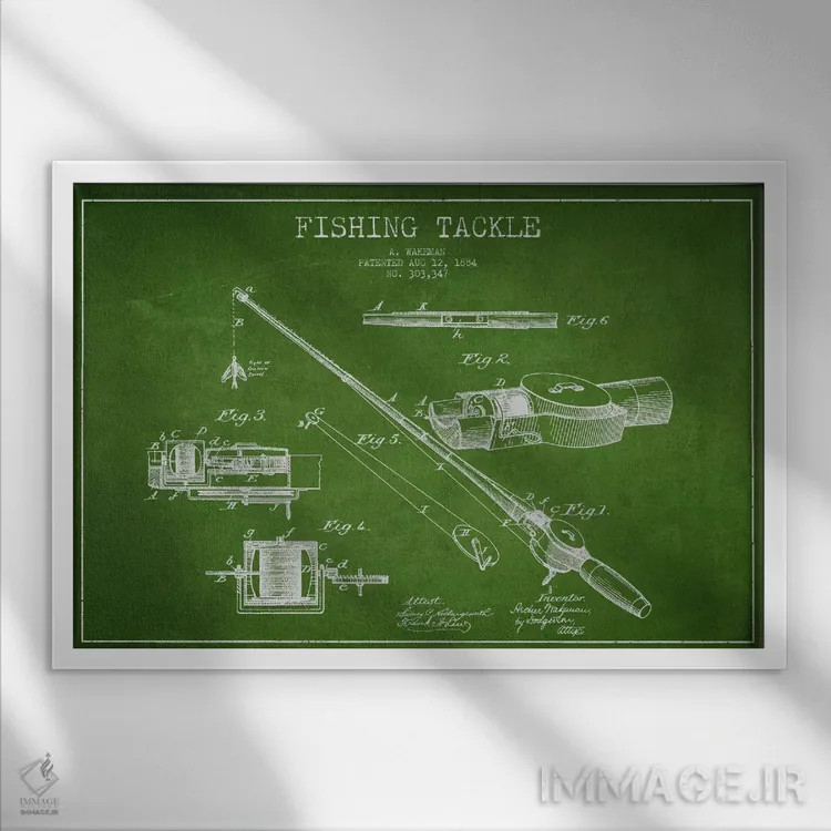 تابلو نقشهٔ حقامتیاز لوازم ماهیگیری سبز اثر پیکسل کهنه (استودیو/نام هنری) - نمای قابدار سفید
