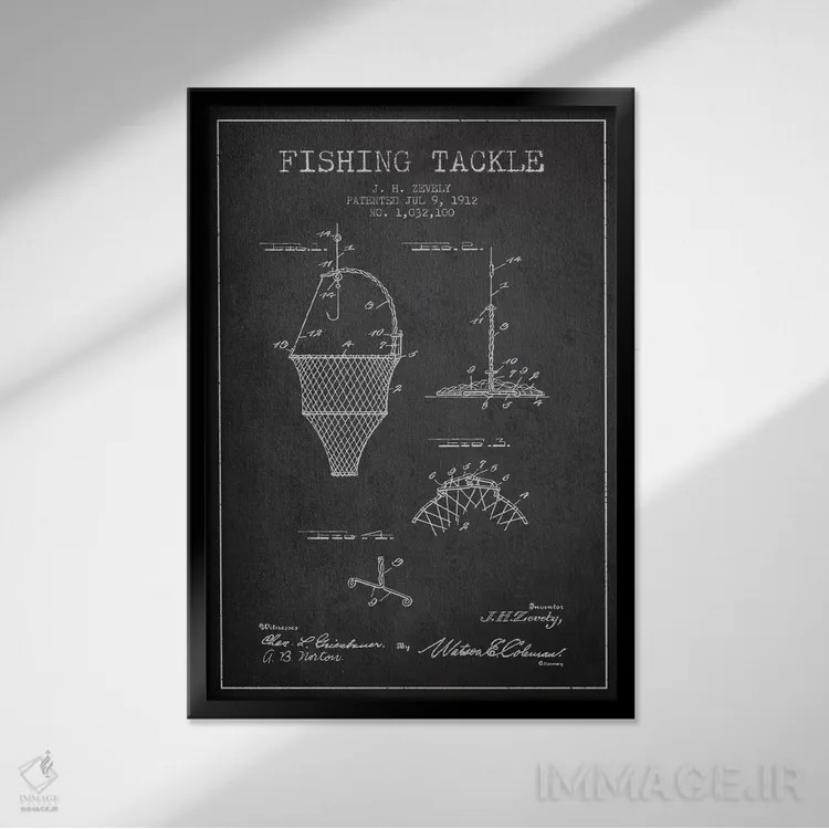 تابلو نقشهٔ حقامتیاز لوازم ماهیگیری زغالسنگی اثر پیکسل کهنه (استودیو/نام هنری) - نمای قابدار مشکی