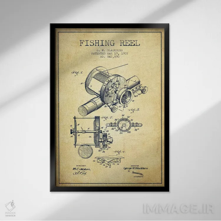 تابلو نقشهٔ حقامتیاز قرقره ماهیگیری کلاسیک اثر پیکسل کهنه (استودیو/نام هنری) - نمای قابدار مشکی