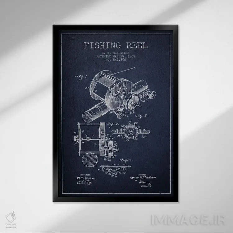 تابلو نقشهٔ حقامتیاز قرقره ماهیگیری سرمهای اثر پیکسل کهنه (استودیو/نام هنری) - نمای قابدار مشکی