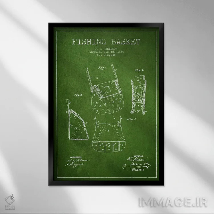 تابلو نقشهٔ حقامتیاز سبد ماهیگیری سبز اثر پیکسل کهنه (استودیو/نام هنری) - نمای قابدار مشکی
