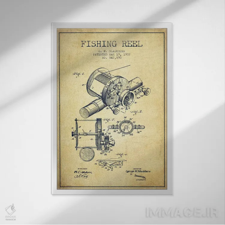 تابلو نقشهٔ حقامتیاز قرقره ماهیگیری کلاسیک اثر پیکسل کهنه (استودیو/نام هنری) - نمای قابدار سفید