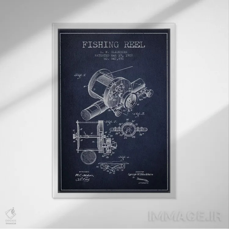 تابلو نقشهٔ حقامتیاز قرقره ماهیگیری سرمهای اثر پیکسل کهنه (استودیو/نام هنری) - نمای قابدار سفید