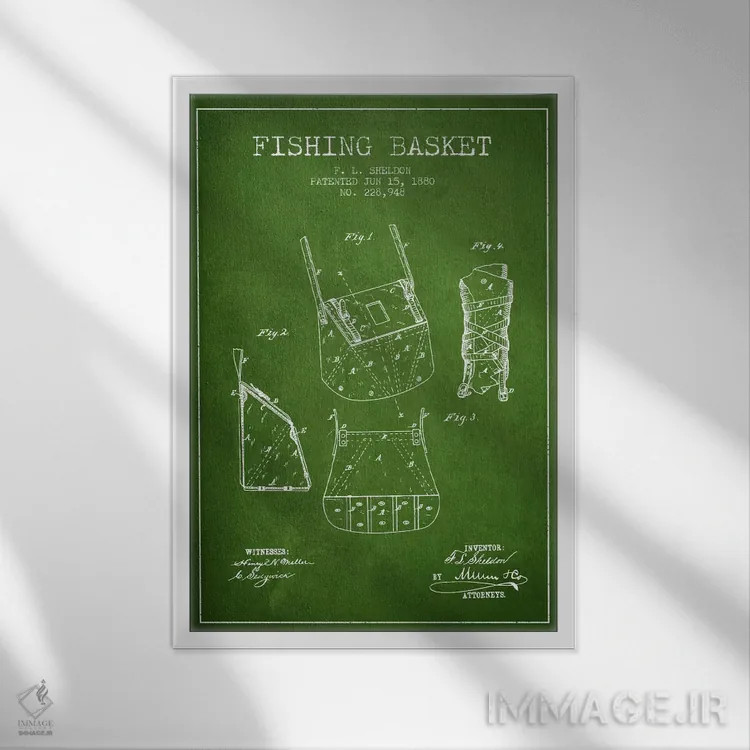تابلو نقشهٔ حقامتیاز سبد ماهیگیری سبز اثر پیکسل کهنه (استودیو/نام هنری) - نمای قابدار سفید