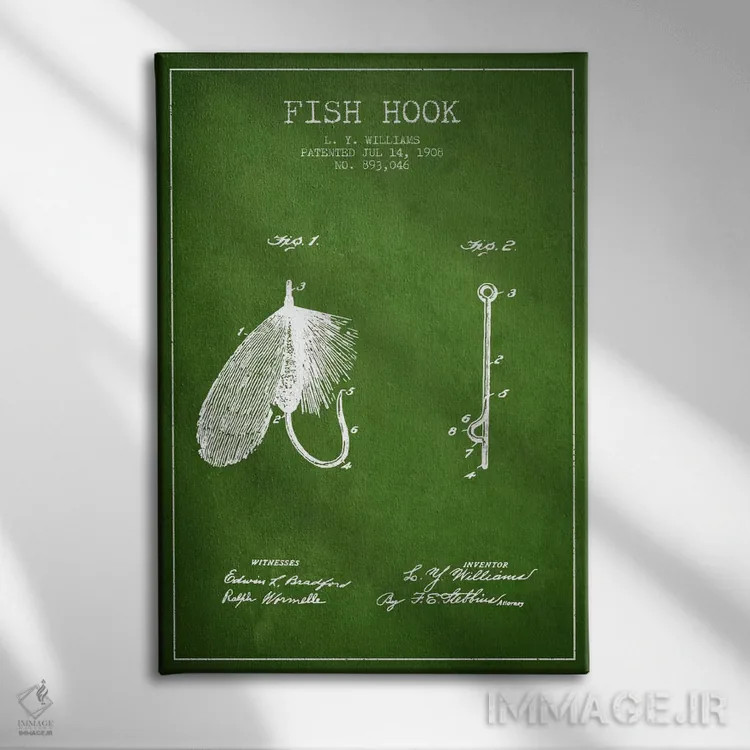 تابلو نقشهٔ حقامتیاز قلاب ماهیگیری سبز اثر پیکسل کهنه (استودیو/نام هنری) - نمای روبهرو روی دیوار