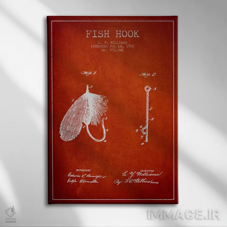 تابلو نقشهٔ حقامتیاز قلاب ماهیگیری قرمز اثر پیکسل کهنه (استودیو/نام هنری) - نمای روبهرو روی دیوار