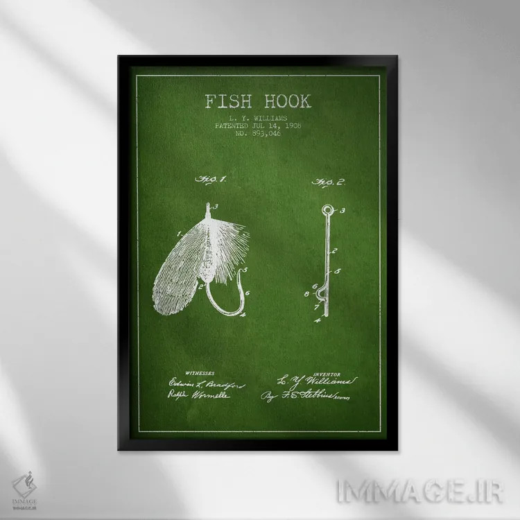 تابلو نقشهٔ حقامتیاز قلاب ماهیگیری سبز اثر پیکسل کهنه (استودیو/نام هنری) - نمای قابدار مشکی