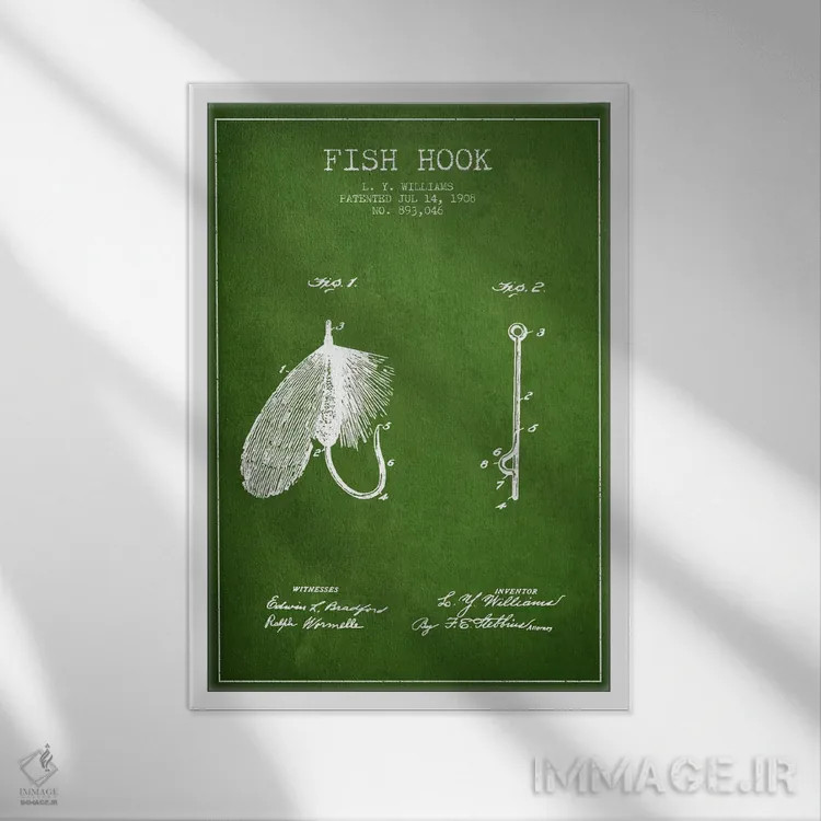 تابلو نقشهٔ حقامتیاز قلاب ماهیگیری سبز اثر پیکسل کهنه (استودیو/نام هنری) - نمای قابدار سفید