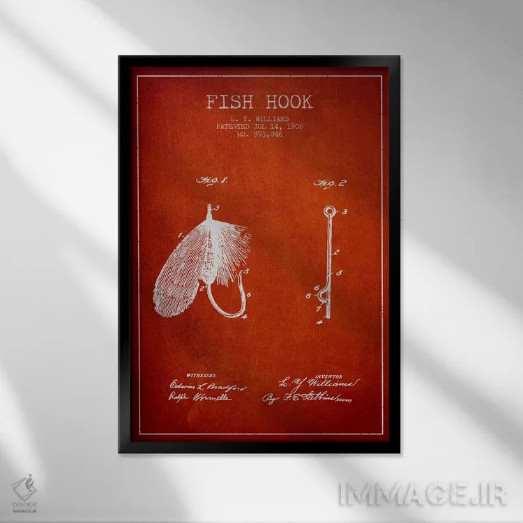 تابلو نقشهٔ حقامتیاز قلاب ماهیگیری قرمز اثر پیکسل کهنه (استودیو/نام هنری) - نمای قابدار مشکی