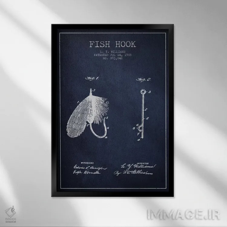 تابلو نقشهٔ حقامتیاز قلاب ماهیگیری سرمهای اثر پیکسل کهنه (استودیو/نام هنری) - نمای قابدار مشکی