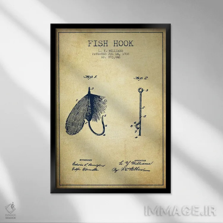 تابلو نقشهٔ حقامتیاز قلاب ماهیگیری کلاسیک اثر پیکسل کهنه (استودیو/نام هنری) - نمای قابدار مشکی
