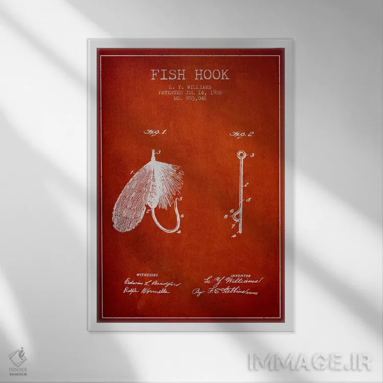 تابلو نقشهٔ حقامتیاز قلاب ماهیگیری قرمز اثر پیکسل کهنه (استودیو/نام هنری) - نمای قابدار سفید
