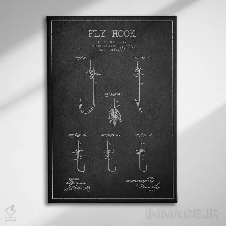 تابلو نقشهٔ حقامتیاز قلاب فلای (ماهیگیری) زغالسنگی اثر پیکسل کهنه (استودیو/نام هنری) - نمای روبهرو روی دیوار