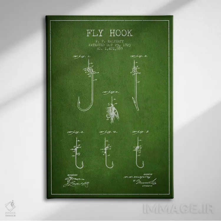 تابلو نقشهٔ حقامتیاز قلاب فلای (ماهیگیری) سبز اثر پیکسل کهنه (استودیو/نام هنری) - نمای روبهرو روی دیوار