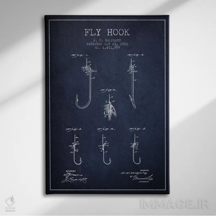 تابلو نقشهٔ حقامتیاز قلاب فلای (ماهیگیری) سرمهای اثر پیکسل کهنه (استودیو/نام هنری) - نمای روبهرو روی دیوار