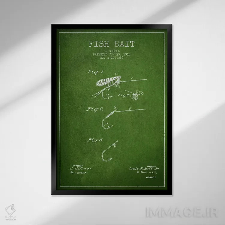 تابلو نقشهٔ حقامتیاز طعمهٔ ماهیگیری سبز اثر پیکسل کهنه (استودیو/نام هنری) - نمای قابدار مشکی