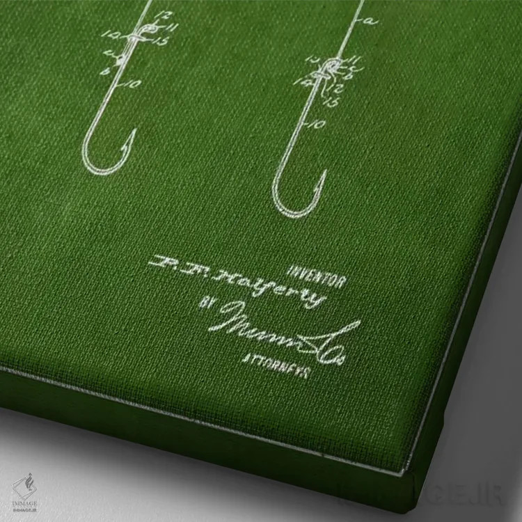 تابلو نقشهٔ حقامتیاز قلاب فلای (ماهیگیری) سبز اثر پیکسل کهنه (استودیو/نام هنری) - نمای نزدیک بافت بوم