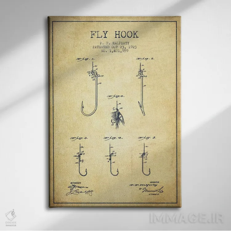 تابلو نقشهٔ حقامتیاز قلاب فلای (ماهیگیری) کلاسیک اثر پیکسل کهنه (استودیو/نام هنری) - نمای روبهرو روی دیوار
