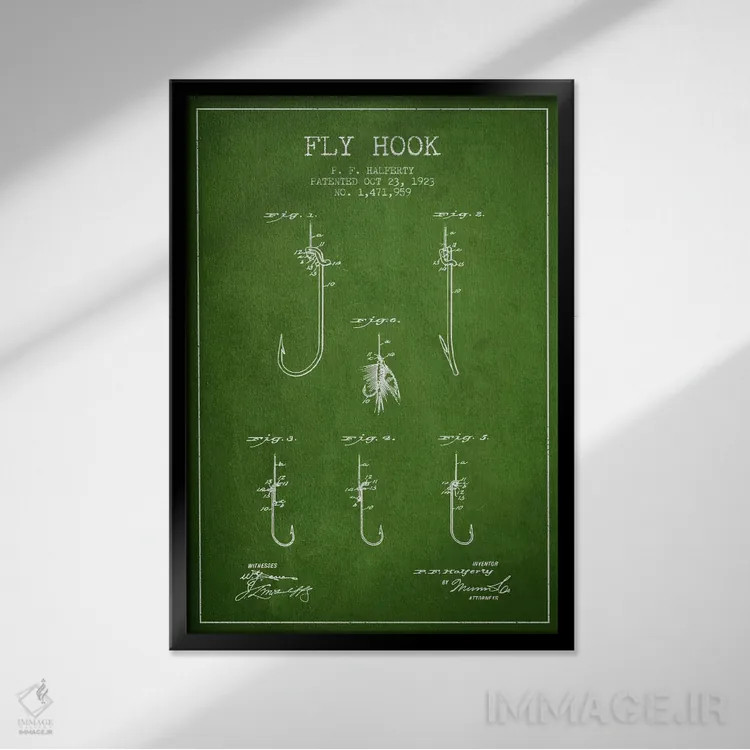 تابلو نقشهٔ حقامتیاز قلاب فلای (ماهیگیری) سبز اثر پیکسل کهنه (استودیو/نام هنری) - نمای قابدار مشکی