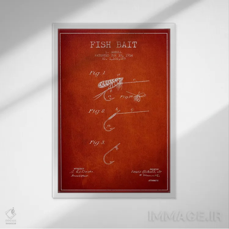 تابلو نقشهٔ حقامتیاز طعمهٔ ماهیگیری قرمز اثر پیکسل کهنه (استودیو/نام هنری) - نمای قابدار سفید