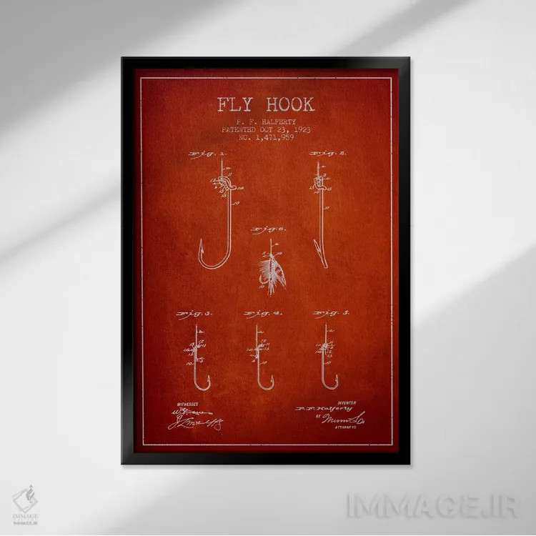 تابلو نقشهٔ حقامتیاز قلاب فلای (ماهیگیری) قرمز اثر پیکسل کهنه (استودیو/نام هنری) - نمای قابدار مشکی