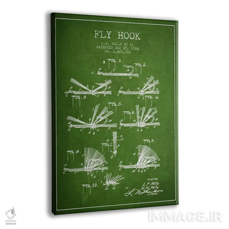 تابلو نقشهٔ حقامتیاز قلاب فلای (ماهیگیری) سبز اثر پیکسل کهنه (استودیو/نام هنری) - نمای پرسپکتیو محصول