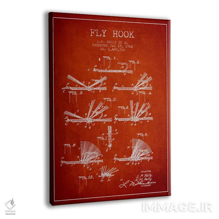 تابلو نقشهٔ حقامتیاز قلاب فلای (ماهیگیری) قرمز اثر پیکسل کهنه (استودیو/نام هنری) - نمای پرسپکتیو محصول