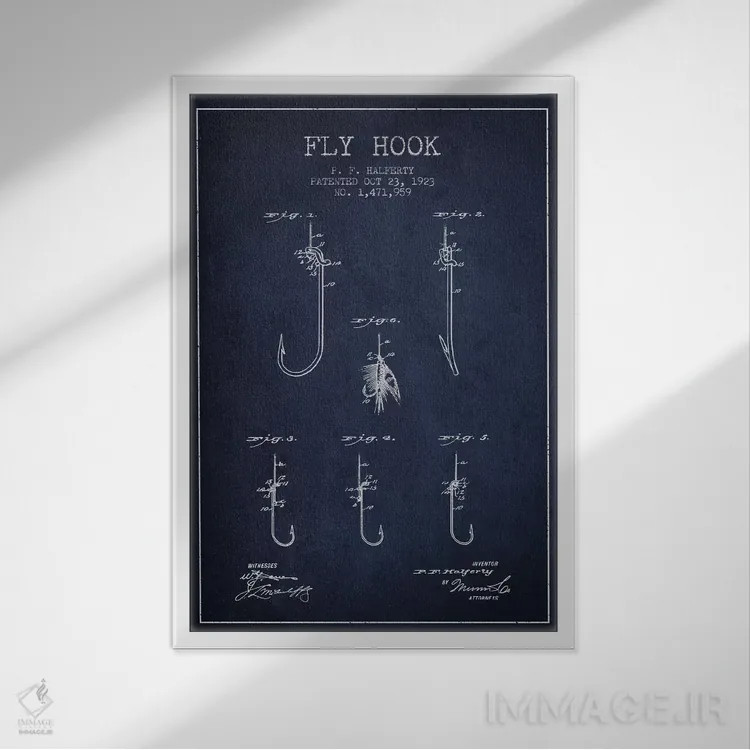 تابلو نقشهٔ حقامتیاز قلاب فلای (ماهیگیری) سرمهای اثر پیکسل کهنه (استودیو/نام هنری) - نمای قابدار سفید