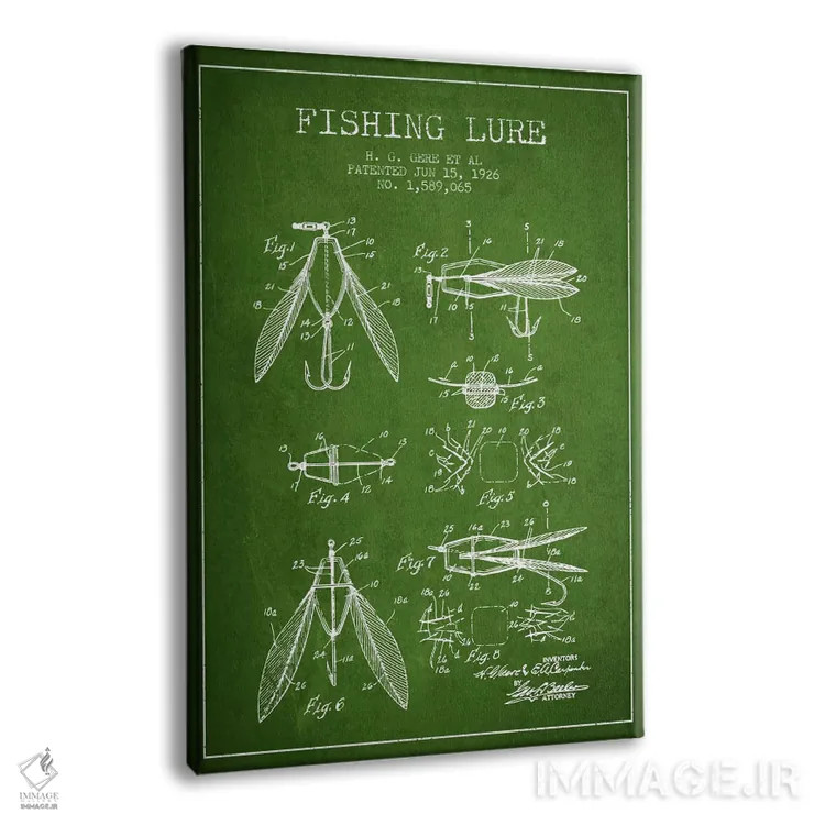 تابلو نقشهٔ حقامتیاز طعمهٔ مصنوعی ماهیگیری سبز اثر پیکسل کهنه (استودیو/نام هنری) - نمای پرسپکتیو محصول