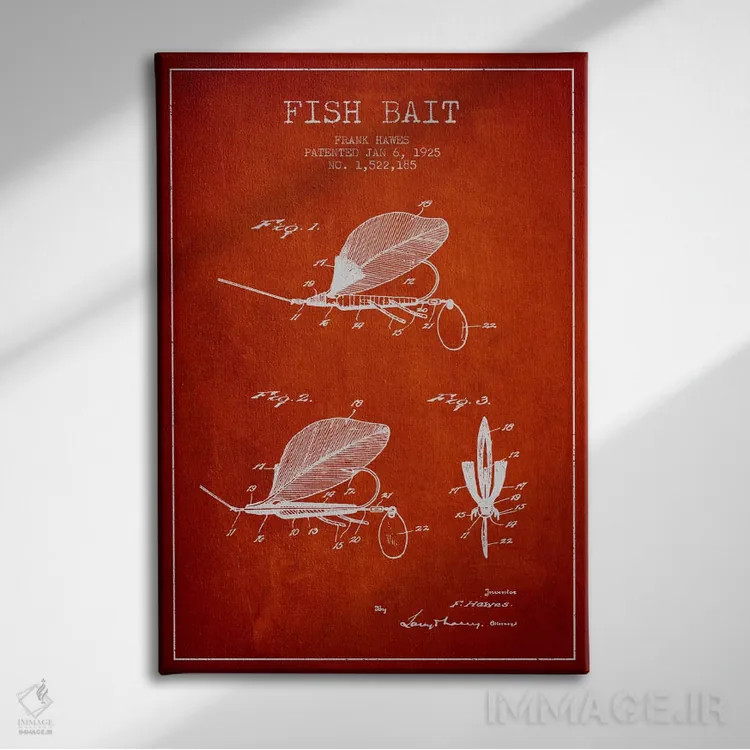 تابلو نقشهٔ حقامتیاز طعمهٔ ماهیگیری قرمز اثر پیکسل کهنه (استودیو/نام هنری) - نمای روبهرو روی دیوار