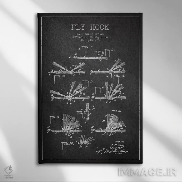 تابلو نقشهٔ حقامتیاز قلاب فلای (ماهیگیری) زغالسنگی اثر پیکسل کهنه (استودیو/نام هنری) - نمای روبهرو روی دیوار