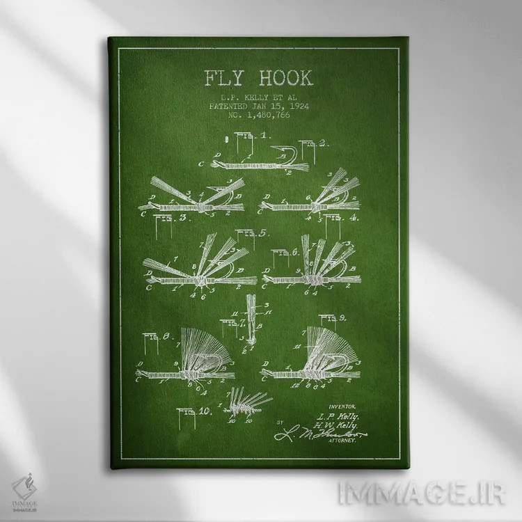 تابلو نقشهٔ حقامتیاز قلاب فلای (ماهیگیری) سبز اثر پیکسل کهنه (استودیو/نام هنری) - نمای روبهرو روی دیوار