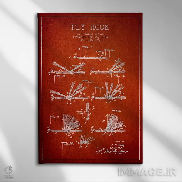 تابلو نقشهٔ حقامتیاز قلاب فلای (ماهیگیری) قرمز اثر پیکسل کهنه (استودیو/نام هنری) - نمای روبهرو روی دیوار