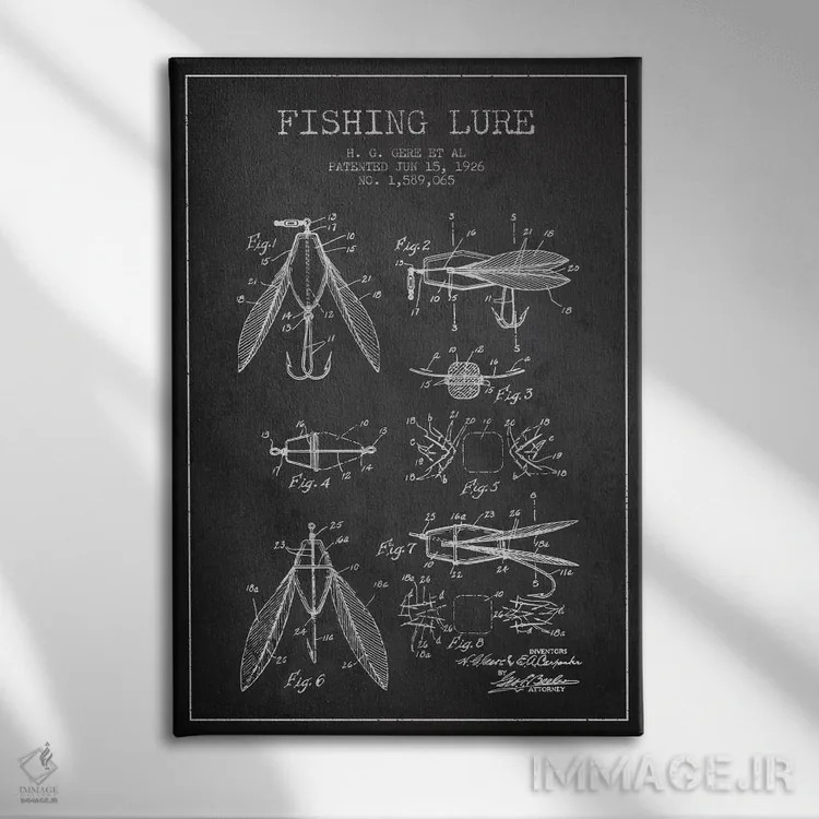 تابلو نقشهٔ حقامتیاز طعمهٔ مصنوعی ماهیگیری زغالسنگی اثر پیکسل کهنه (استودیو/نام هنری) - نمای روبهرو روی دیوار