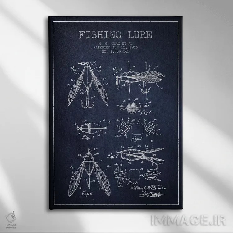 تابلو نقشهٔ حقامتیاز طعمهٔ مصنوعی ماهیگیری سرمهای اثر پیکسل کهنه (استودیو/نام هنری) - نمای روبهرو روی دیوار