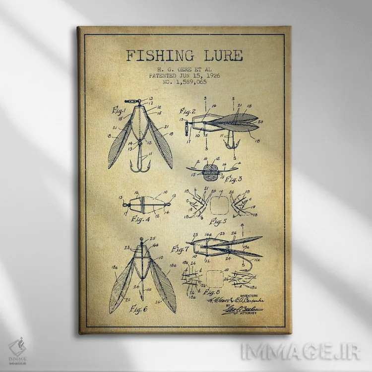 تابلو نقشهٔ حقامتیاز طعمهٔ مصنوعی ماهیگیری کلاسیک اثر پیکسل کهنه (استودیو/نام هنری) - نمای روبهرو روی دیوار