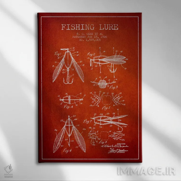 تابلو نقشهٔ حقامتیاز طعمهٔ مصنوعی ماهیگیری قرمز اثر پیکسل کهنه (استودیو/نام هنری) - نمای روبهرو روی دیوار