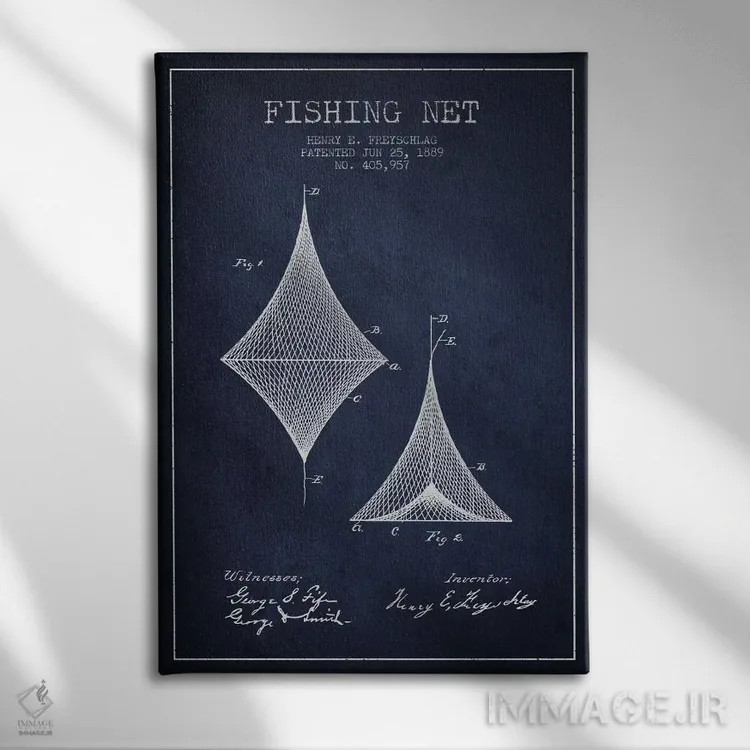 تابلو نقشهٔ ثبت اختراع تور ماهیگیری سرمهای اثر پیکسل کهنه (استودیو/نام هنری) - نمای روبهرو روی دیوار